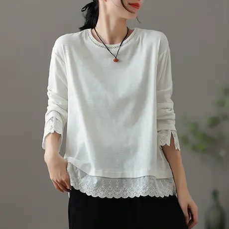 dza设计感圆领长袖t恤女秋季新款内搭打底衫短款休闲宽松纯棉上衣商品大图