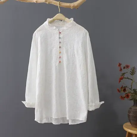 花边领文艺清新套头衬衫女春秋新品白衬衣打底衫长袖刺绣上衣女图片