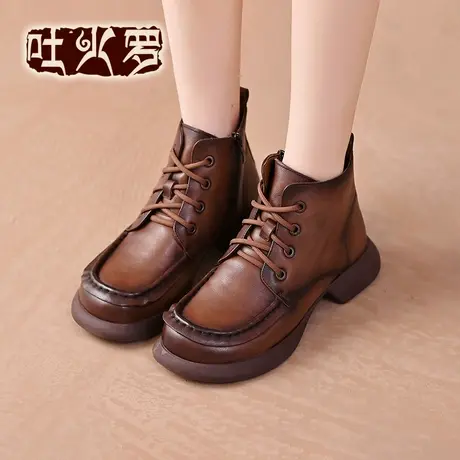 吐火罗2022新款秋冬短靴复古圆头女鞋头层牛皮短靴英伦风马丁靴图片