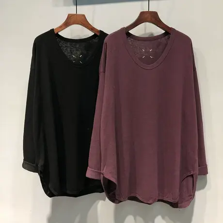 23早秋 韩国ulzzang新款下摆弧形宽松中长款雪花棉U领麻长袖T恤女商品大图