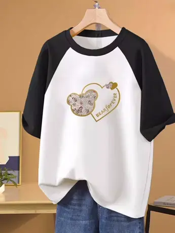 国潮高街黑白拼色插肩短袖t恤女设计感别致可爱库洛米防棉上衣ins商品大图