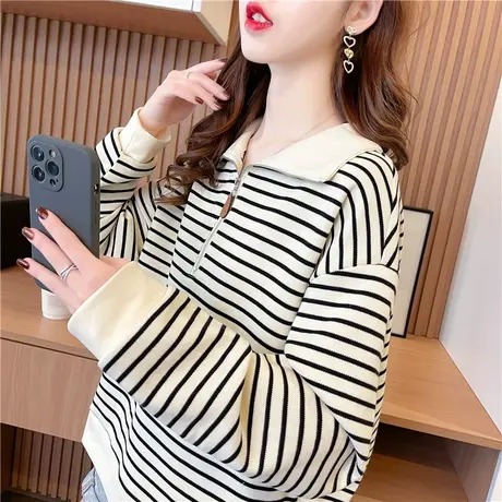 短款卫衣女春秋季韩版宽松设计感小众薄款条纹翻领polo衫上衣外套商品大图