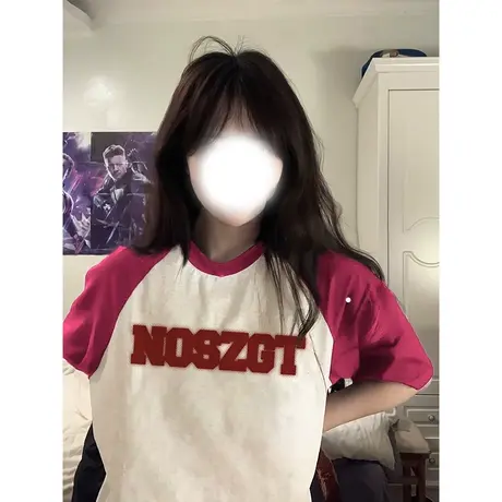 拼色插肩纯棉短袖t恤女2023夏季新款美式复古宽松港风chic上衣潮商品大图