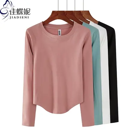秋冬新款韩版圆领下摆圆弧纯欲修身德绒纯色长袖体恤上衣内搭女装商品大图