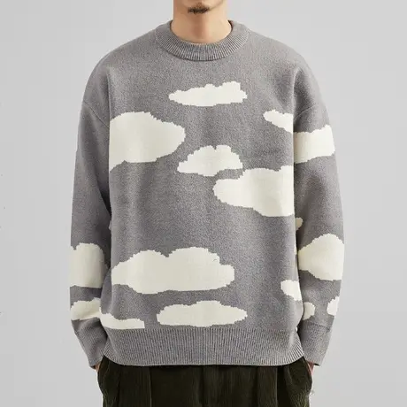 奕飏云朵提花圆领男士韩版毛衣2022春秋季新款潮流微宽松针织衫图片