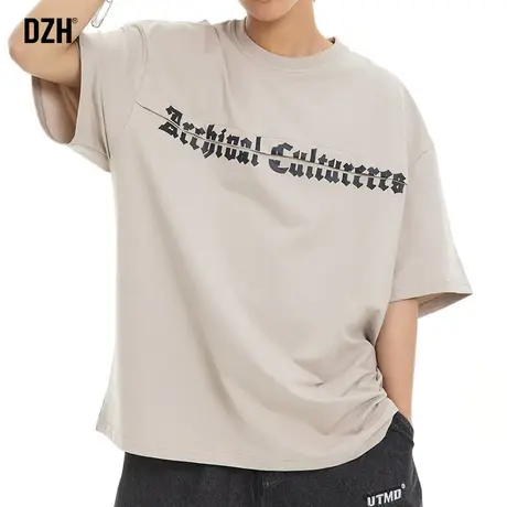 男生纯棉t恤男短袖潮牌圆领宽松印花拼接半截袖2023新款夏季男装商品大图