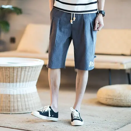 夏季棉麻男沙滩裤宽松5分短裤夏天休闲中裤子薄款中式刺绣五分裤图片