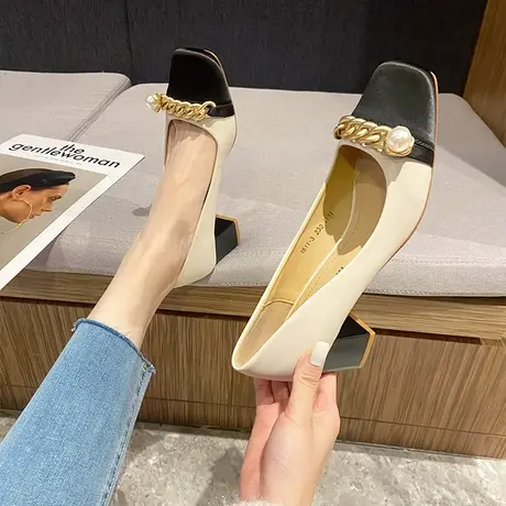 复古方头玛丽珍高跟鞋粗跟2023新款秋季拼色小众设计感中跟单鞋女图片