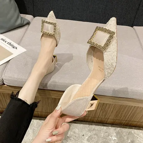 中空高跟鞋女2023年春夏季新款尖头粗跟水钻气质百搭方扣宴会单鞋图片