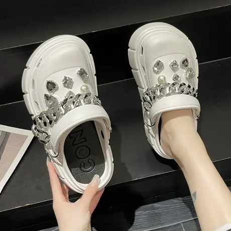 松糕厚底洞洞鞋女夏季ins潮时尚水钻链条防滑增高包头凉拖鞋外穿商品大图
