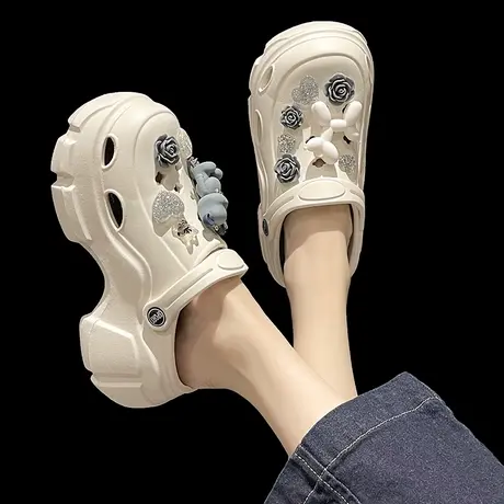 厚底增高洞洞鞋女夏季外穿卡通芝麻街包头沙滩防滑两穿可爱凉拖鞋商品大图