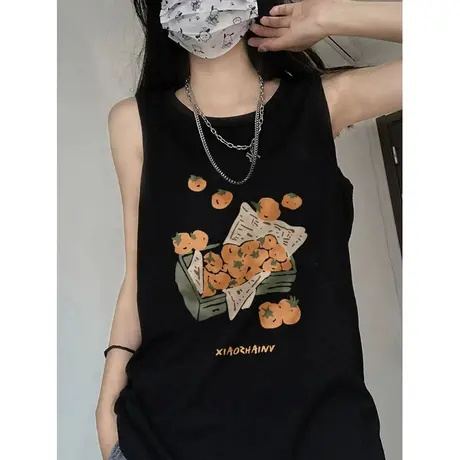 美式复古纯棉吊带运动坎肩背心无袖t恤女夏外穿宽松港风挂脖上衣图片