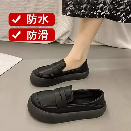 厚底小黑鞋女春秋软底厨上班工作鞋防水防滑小皮鞋一脚蹬黑色单鞋商品大图