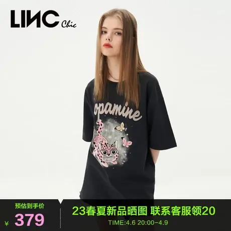 LINC金羽杰2023夏秋新款圆领廓形萌宠怪兽大T恤半袖女S232TS212Y商品大图