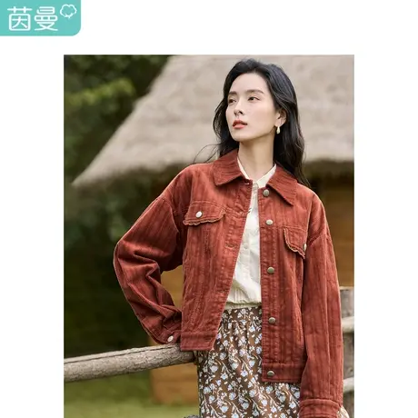 复古灯芯绒短外套2023秋女装新款翻领落肩长袖宽松显瘦上衣图片