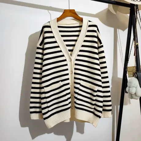 中长款针织开衫女秋冬新款韩版宽松慵懒条纹时尚洋气百搭毛衣外套商品大图