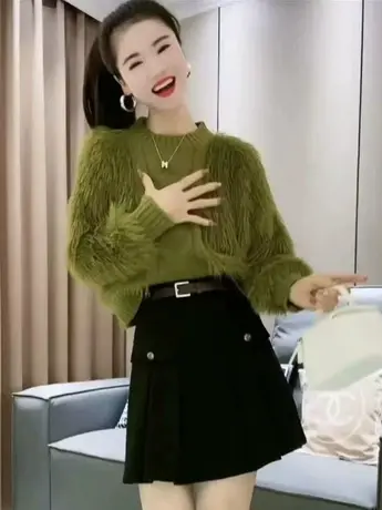 欧洲站加厚仿水貂毛拼接袖针织圆领毛衣套头宽松上衣气质百搭保暖商品大图
