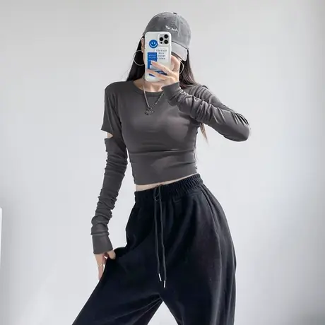 春秋冬割破袖设计感长袖打底衫女洋气减龄insT恤短款高腰修身上衣商品大图