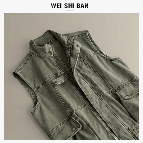美式复古工装牛仔马甲男帅气机车背心背心户外宽松多口袋无袖坎肩图片