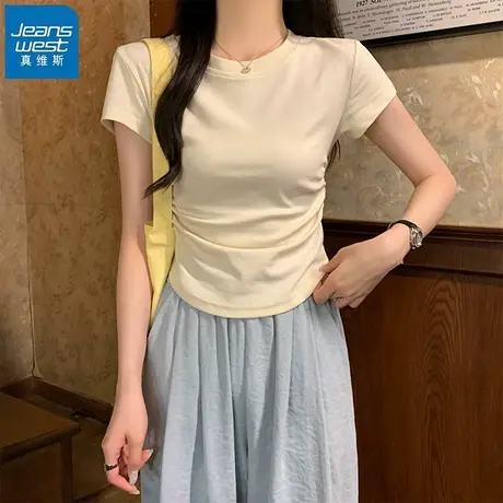 KHV真维斯短袖t恤女2025新款夏季小个子正肩抽褶短款上衣修身体恤商品大图