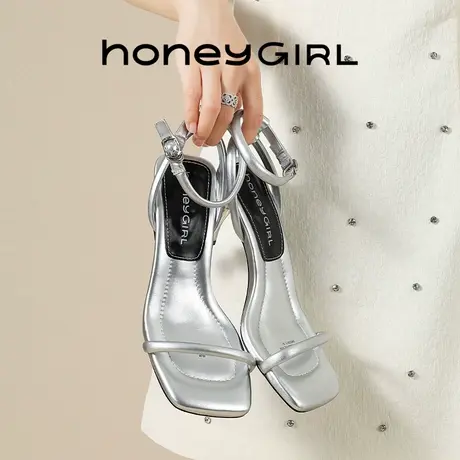 honeyGIRL银色高跟鞋2025新款夏季细跟配裙子法式一字带凉鞋女图片