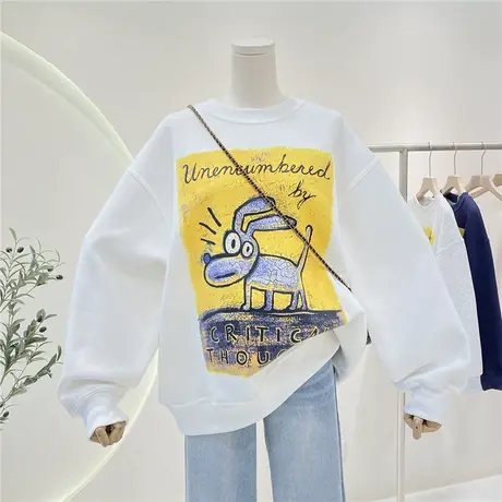 美式复古卡通印花宽松慵懒风胖mm大版休闲圆领套头卫衣女春秋上衣图片
