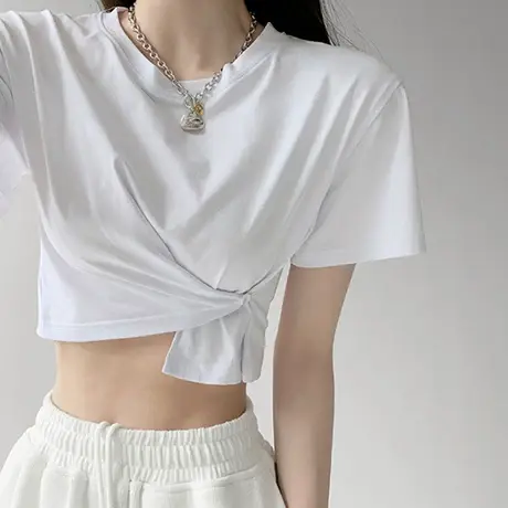 正肩短款上衣高腰修身设计感小众法式独特别致不规则短袖t恤女夏图片