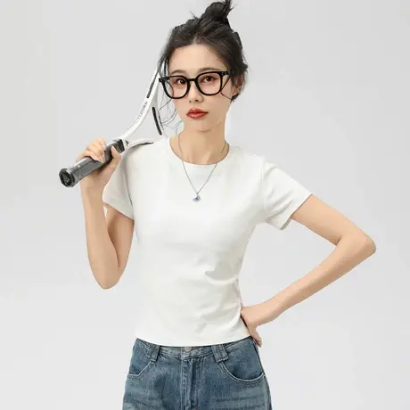 甜酷风正肩短袖t恤女夏季2025新款上衣短款修身纯白色简约打底衫商品大图