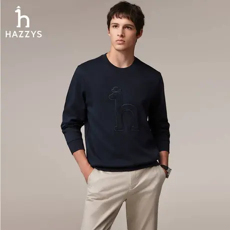 Hazzys哈吉斯秋季男装上衣时尚休闲圆领纯色男士长袖大LOGO卫衣潮图片