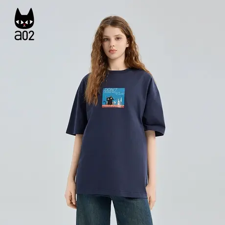 a02黑猫系列宽松圆领短袖T恤女2025秋季新款设计感上衣通勤穿搭图片