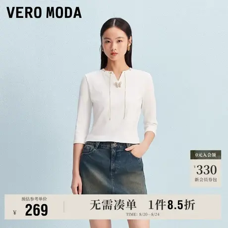 8.22上新Vero ModaT恤女2025早秋新款蝴蝶胸针修身收腰七分袖上衣商品大图