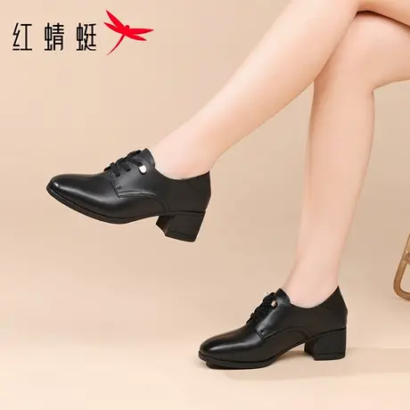 红蜻蜓女鞋秋冬新款鞋子女士粗跟高跟休闲皮鞋女款真皮妈妈小皮鞋商品大图