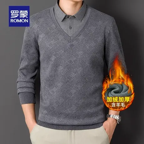 【含羊毛桑蚕丝】罗蒙男士商务假两件针织衫2025冬季新款加绒毛衣图片