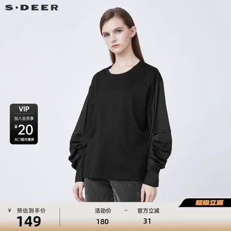 sdeer圣迪奥女装时尚圆领抽褶灯笼袖宽松黑色T恤S21480215图片