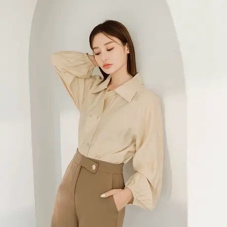 桔熊秋季通勤翻领泡泡长袖双排扣衬衫上衣女装胖妹妹大码AB17600商品大图