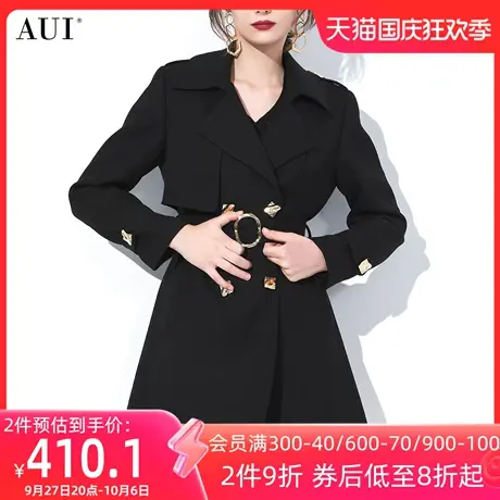 AUI黑色御姐气质西装风衣外套女2023秋新款高级感双排扣修身大衣商品大图