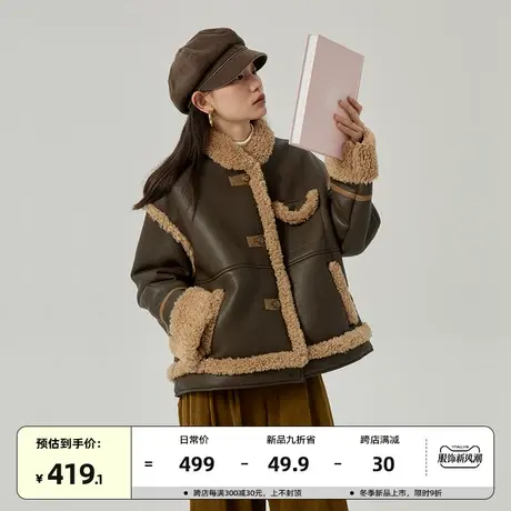 omont蛋挞家 复古皮毛一体短外套女2023冬新款麂皮绒羊羔毛厚夹克商品大图