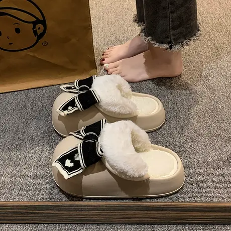 学院风蝴蝶结爱心毛绒可拆卸内胆包头拖女秋冬时尚外穿防滑棉拖鞋商品大图