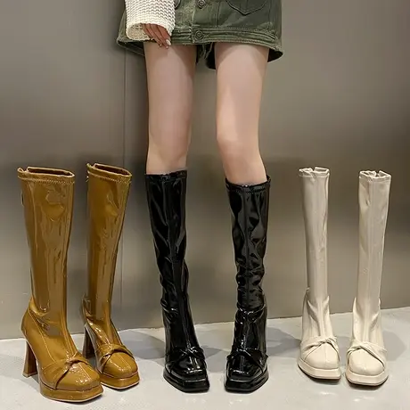 2023年秋季韩版粗跟高筒显瘦不过膝长靴百搭日常方头扭结瘦瘦靴女商品大图