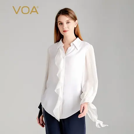 VOA桑蚕丝暗纹提花白色POLO领喇叭袖单排扣荷叶边撞料真丝衬衫图片