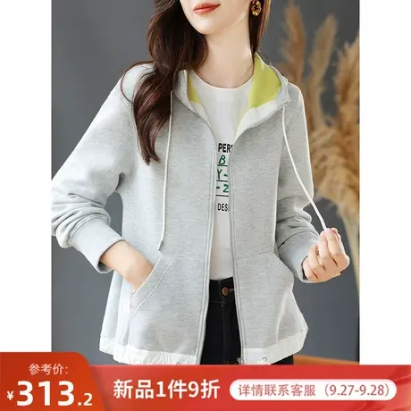 宝诗黎连帽抽绳拼接休闲短外套2023秋季新款棉质宽松拉链开衫卫衣商品大图