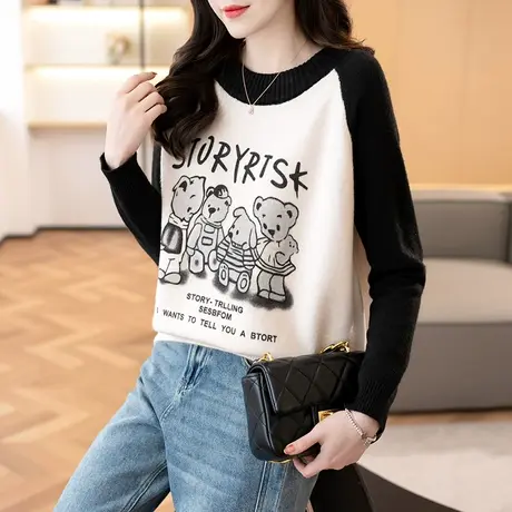 2023秋冬新款韩版宽松圆领卡通印花针织衫毛衣女士百搭上衣打底衫商品大图