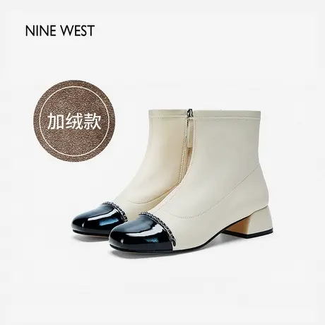 Nine West/玖熙皮革拼接加绒瘦瘦靴2023年冬季新款链条贵气短靴女商品大图