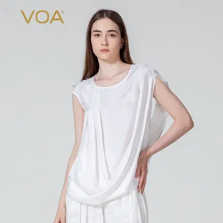 VOA真丝提花雪白圆领不对称设计对丝工艺不规则下摆时尚百搭T恤图片