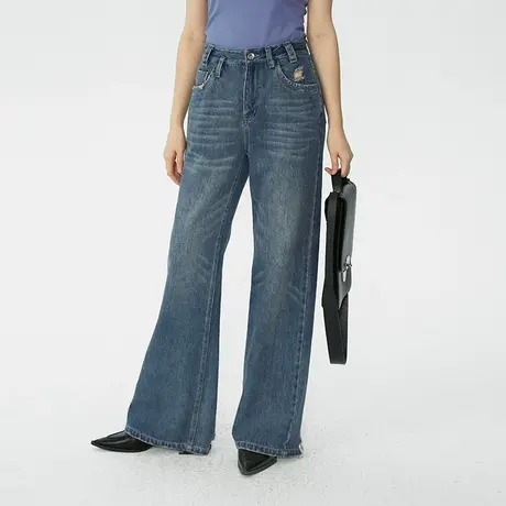 omont蛋挞家 高腰直筒牛仔裤女春季新款复古宽松显瘦长裤子商品大图