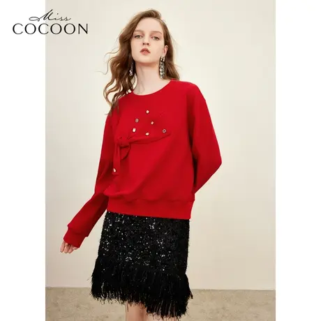 MISSCOCOON蝴蝶结设计镶钻套头卫衣女23秋新款圆领红色上衣冬装商品大图