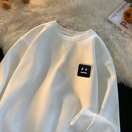 华夫格设计感笑脸贴标慵懒风圆领卫衣男秋冬新款ins潮流宽松上衣商品大图