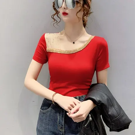 手工钉珠T恤女短袖夏装2023新款性感锁骨上衣洋气网纱拼接小衫潮商品大图