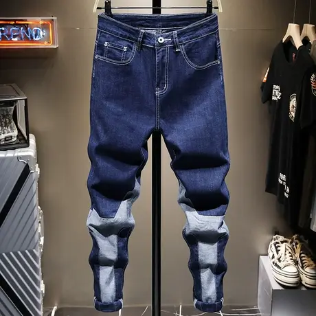 夏季薄款潮牌牛仔裤男修身小脚韩版潮流修身百搭长裤子男拼接弹力商品大图