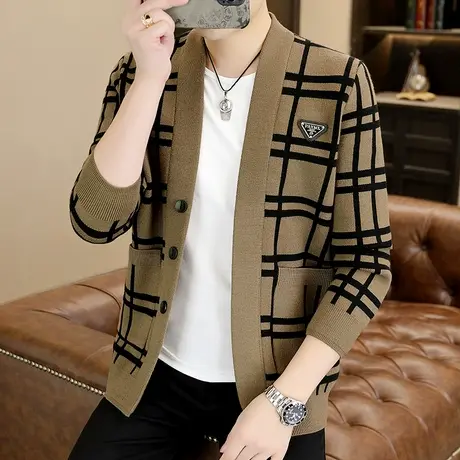 格子开衫毛衣男士潮流休闲帅气针织外套秋季青年轻奢时尚提花上衣商品大图